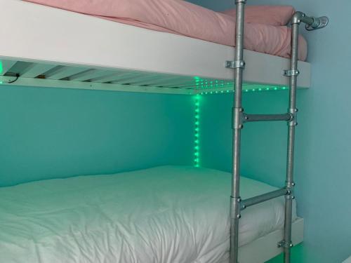 a bunk bed with a ladder next to a green wall at Tenby Flat in Pembrokeshire