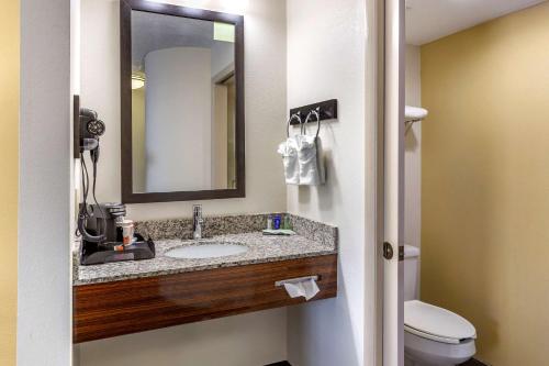 a bathroom with a sink and a mirror and a toilet at Sleep Inn Henderson I-85 in Henderson