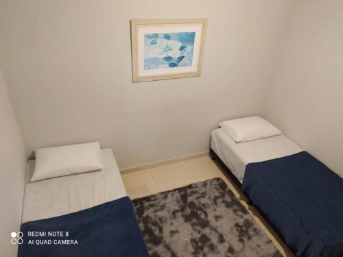 サンタ・テレサにあるKITNET DU VÔのベッドルーム1室(ツインベッド2台、ラグ付)