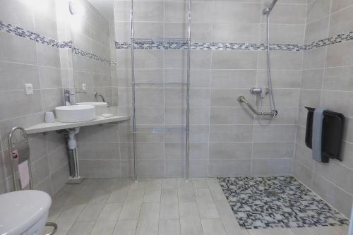Un baño con ducha, inodoro y lavabo. en Gites Bel Air de Rosette, en Bergerac