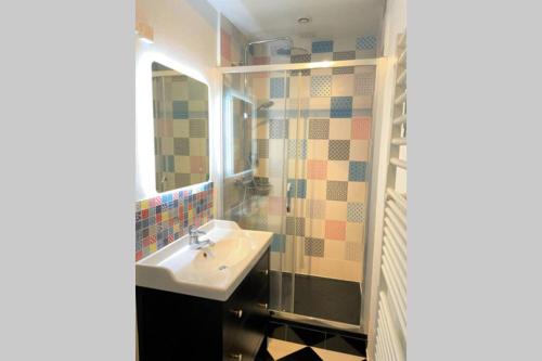 La salle de bains est pourvue d'un lavabo, d'une douche et d'un miroir. dans l'établissement Appartement cosy, à Vannes