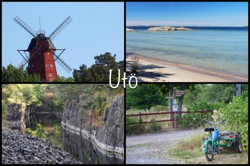 a collage of pictures of a windmill and a beach at Hostel Utö in Utö