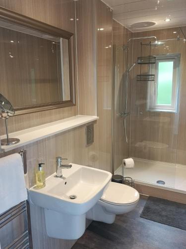 a bathroom with a sink and a toilet and a shower at Arrochoile Cottage in Glasgow