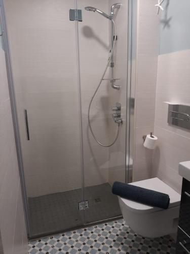 a bathroom with a shower with a toilet and a sink at Frente al mar in Rota