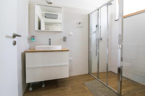ein Bad mit einem Waschbecken und einer Dusche in der Unterkunft Pr' Petrču in Tolmin