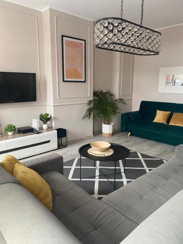 a living room with a couch and a tv at Apartament BellaPola in Nysa