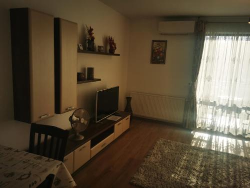 een woonkamer met een televisie op een dressoir met een raam bij Studio Green in Târgu-Mureş