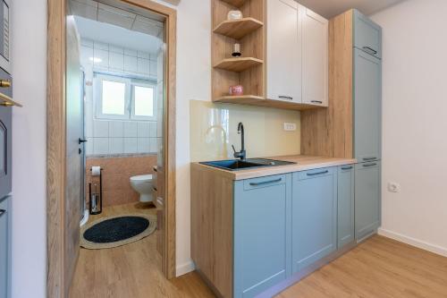 a small kitchen with a sink and a toilet at Apartments Milica in Crikvenica