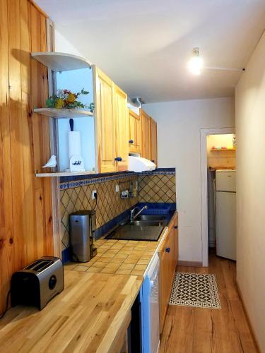 une cuisine avec des armoires en bois et un comptoir dans l'établissement Appartement cosy 1 chambre, rénové avec terrasse exposée Sud, à Font-Romeu-Odeillo-Via