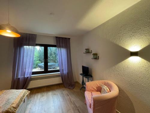 ein Wohnzimmer mit einem Stuhl und einem Fenster in der Unterkunft Grüne Oase und trotzdem zentral in Hameln