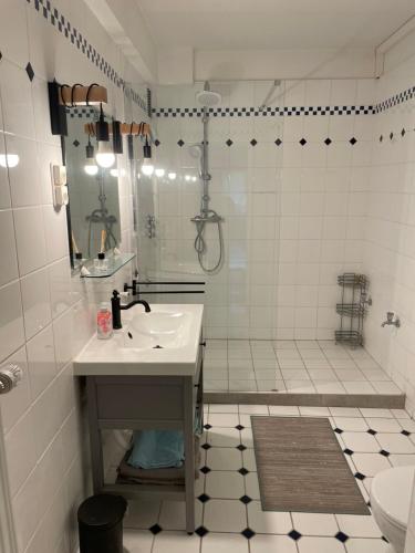 a white bathroom with a sink and a shower at Grüne Oase und trotzdem zentral in Hameln