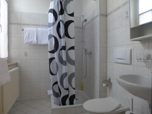a bathroom with a shower and a toilet and a sink at Hôtel-Restaurant de la Gare in Glovelier