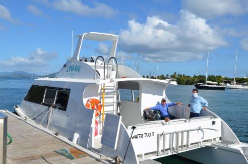 two men and a dog on a boat at a dock at Lovango Resort and Beach Club in Cruz Bay