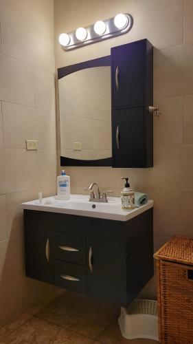 a bathroom with a sink and a mirror at Natural Beauty by the Beach in Dorado
