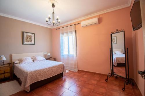 a bedroom with a bed and a mirror at VILLA ELISABETH Piscina y Terraza con Aire Acondicionado in Arriate