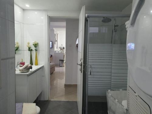 a bathroom with a shower and a sink and a tub at EILAT GOLF RESIDENCE Apartment A 1 in Eilat