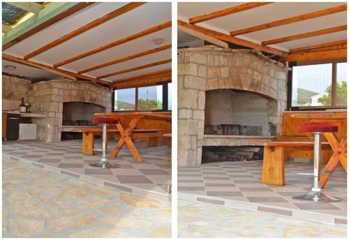 two pictures of a stone fireplace in a house at Apartments Luciano in Seget Vranjica