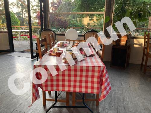 einem Tisch mit einem roten und weißen karierten Tischtuch in der Unterkunft Chateau de Breuil en Beaujolais in Salles-Arbuissonnas