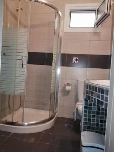 a bathroom with a glass shower and a toilet at Sunny summer time in Nea Vrasna