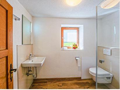a bathroom with a sink and a toilet and a window at FERIENHAUS BERGBLICK 10-25 PERS Urig, echt & perfekt für Familien und Freunde Ideal für unvergessliche Tage mit traumhaftem Bergpanorama in Längenfeld