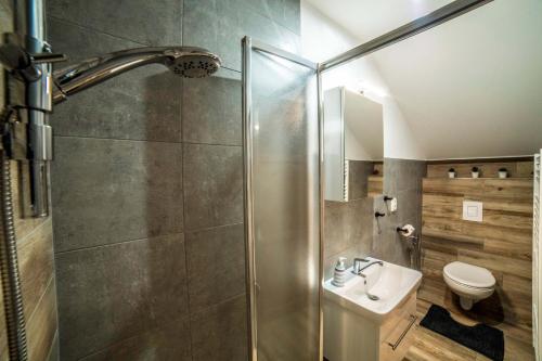 une salle de bains avec douche, lavabo et toilettes dans l'établissement Pension 222 - Family rooms in Vrchlabi, à Vrchlabí