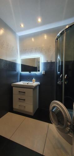 グディニャにあるApartament Gdynia Kazart.Plのバスルーム(シャワー、洗面台、トイレ付)