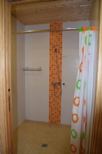 a bathroom with a shower with a shower curtain at Habitación independiente II en Casa Rural Javier in Valmuel