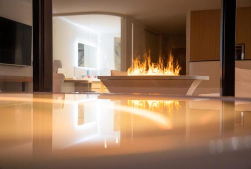 a fireplace in a living room with a fire place at 6717 Nature Hôtel & Spa Le Clos des Délices in Ottrott