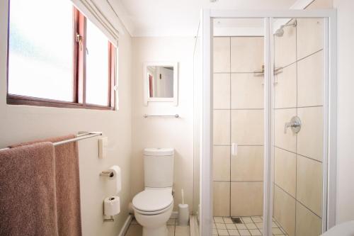 a bathroom with a toilet and a glass shower at High Season Farm Luxury Cottages in Hermanus