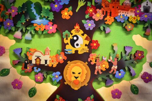 a picture of a tree with a lion and flowers at Hotel La Casona in Tapalpa