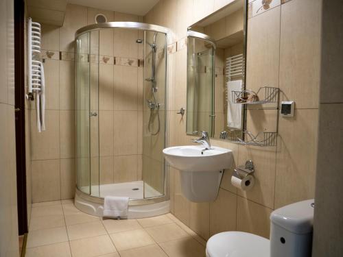 a bathroom with a shower and a sink and a toilet at Kolejarz Natura Tour in Zakopane