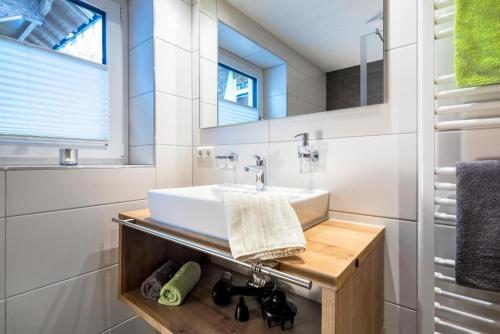 a bathroom with a sink and a mirror at Haus Sabrina Rotpleiskopf in See