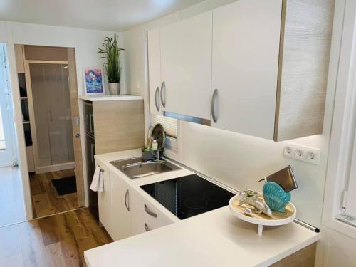 a white kitchen with a sink and a bowl on a counter at Sirena Floating House Portorož in Portorož