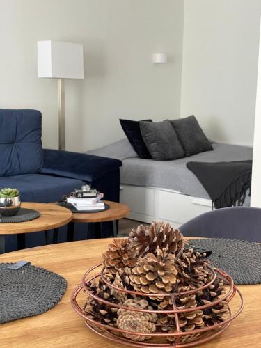 a living room with a pine cone on a table at Forest Studio in Druskininkai