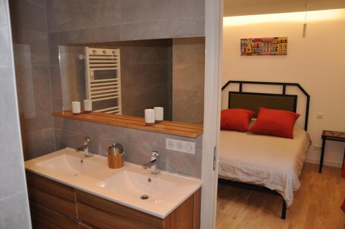 a bathroom with a sink and a bed with a mirror at Chambres d'hôtes sous l'olivier in Montpellier