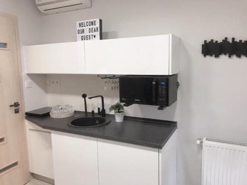 a kitchen with a sink and a microwave at Annabella Vendégház in Hajdúszoboszló
