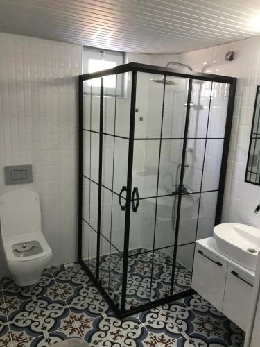 een badkamer met een douche, een toilet en een wastafel bij Nefes evleri in Demre