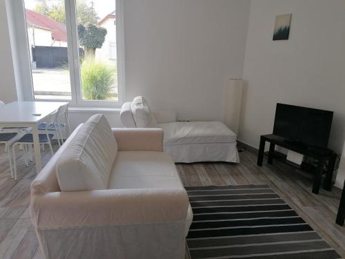 a living room with a couch and a table and a television at Cuki Apartmanok in Dombóvár