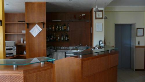 
a kitchen with a refrigerator, sink, and cabinets at Albergo Le Piante in Manerba del Garda
