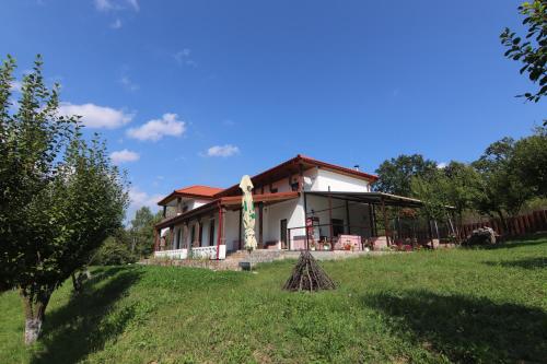 a house on a hill with a green field in front of it at Pensiunea Emelys in Iaşi