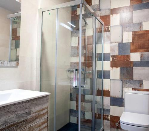 a bathroom with a shower with a toilet and a sink at APARTAMENTOS LA VIEJA IMPRENTA in Sigüenza