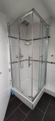 een badkamer met een glazen douchecabine bij Ferienwohnung Sonne in Beltheim