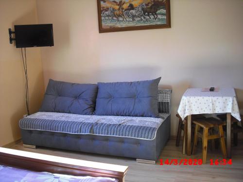 ラトクフにあるPokoje Gościnne HANAのテーブル付きの部屋の青いソファ