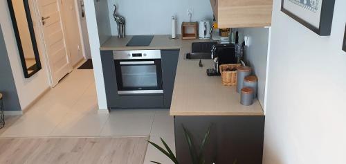 a kitchen with a stove and a counter top at Apple Apartments - Mickiewicza PRYWATNE MIEJSCE PARKINGOWE in Łódź