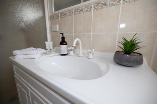 a bathroom sink with a bottle of wine on it at Wagga Apartments #8 in Wagga Wagga