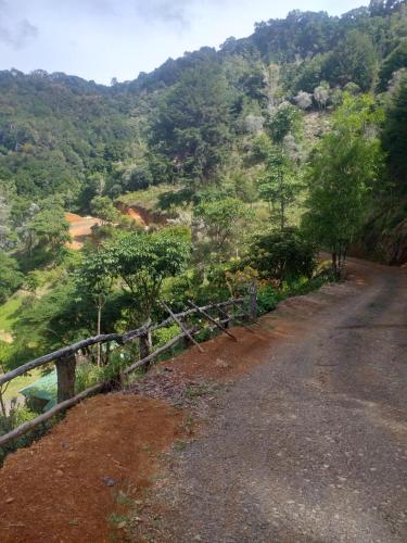 a dirt road with a fence on the side of a mountain at Las Cataratas Lodge in San Gerardo de Dota
