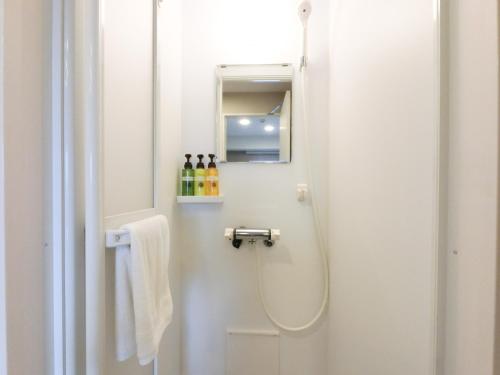W łazience znajduje się prysznic, lustro i umywalka. w obiekcie The Light Inn Tokyo w Tokio
