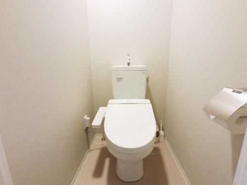 a bathroom with a white toilet and a toilet paper dispenser at The Light Inn Tokyo in Tokyo