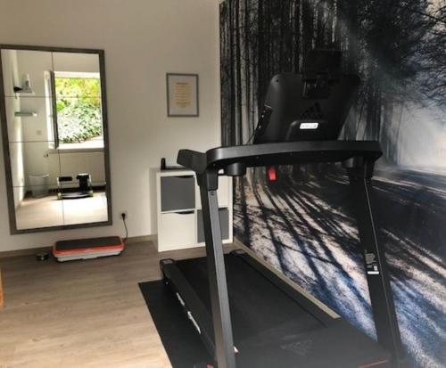 a room with a treadmill in front of a mirror at Ferienwohnung Adler in Bad Salzungen