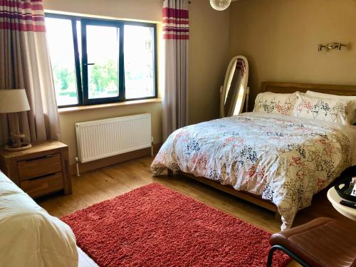 a bedroom with a bed and a window and a red rug at Ballyhourode House B&B in Dún ar Aill
